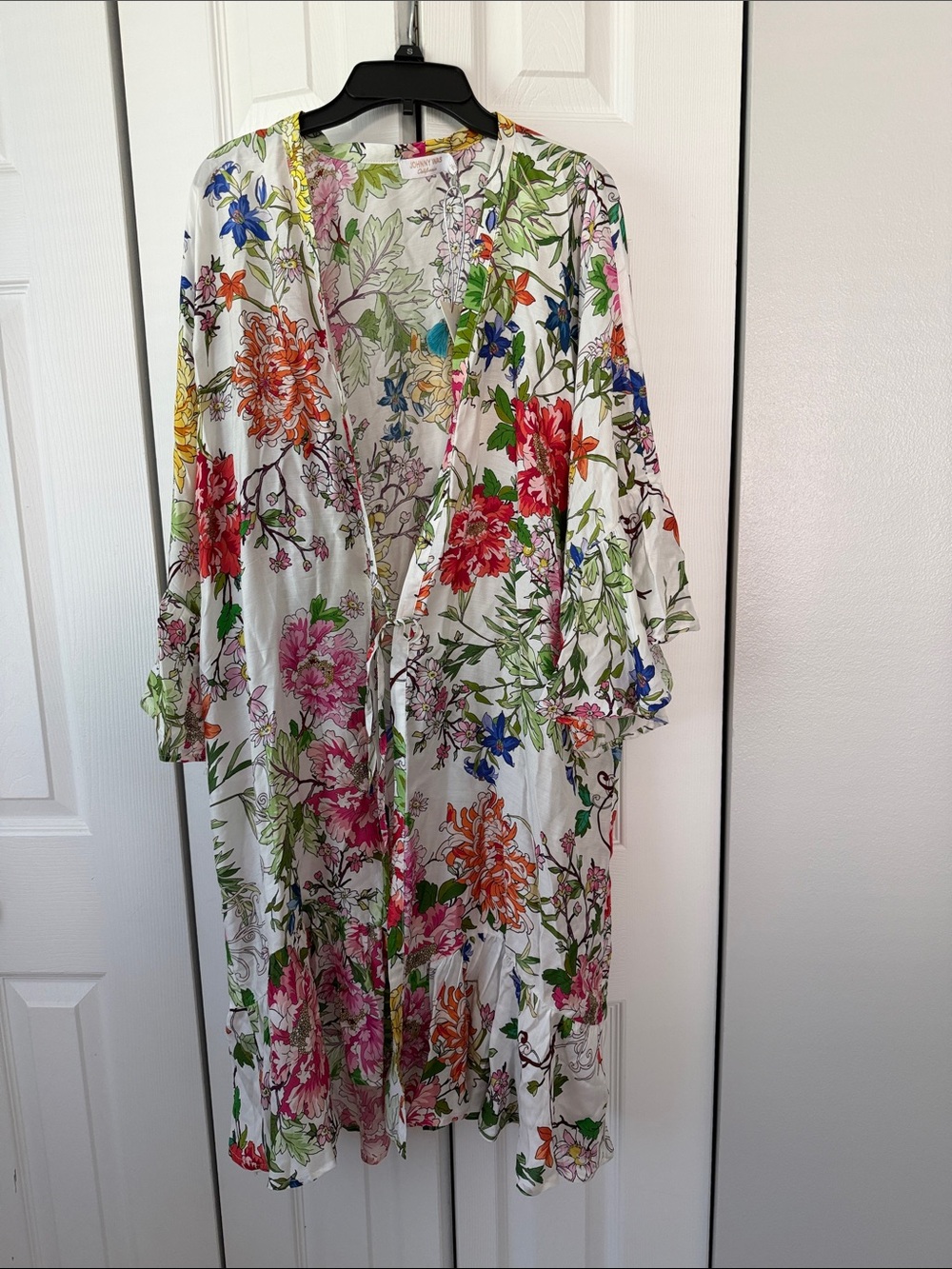 Johnny Was White Floral Open-Front Kimono with Multicolor Blooms
